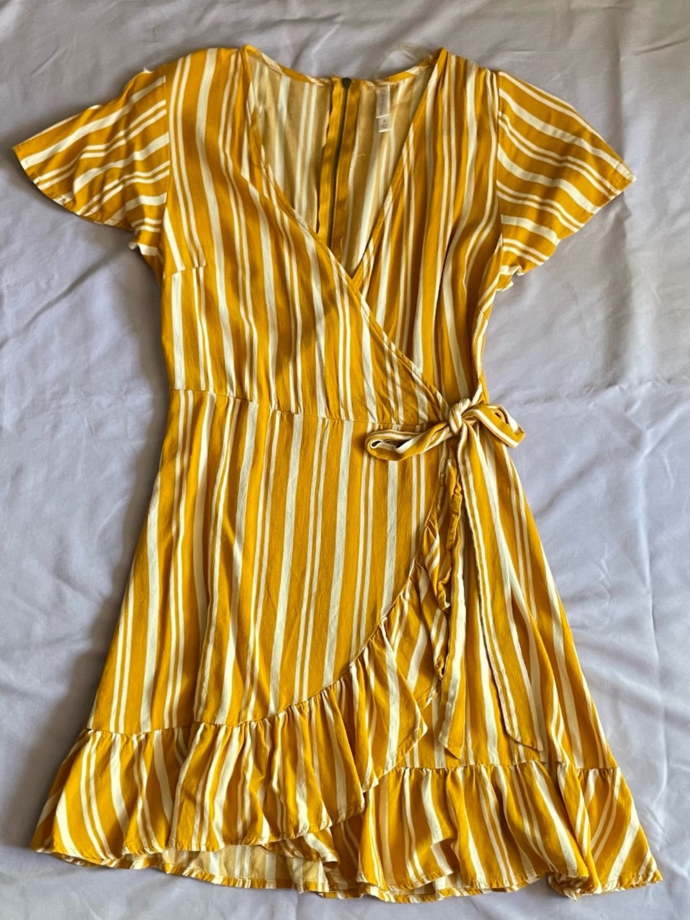 Xhilaration Yellow White Striped Faux Wrap Mini Dress Ruffle Hem Small